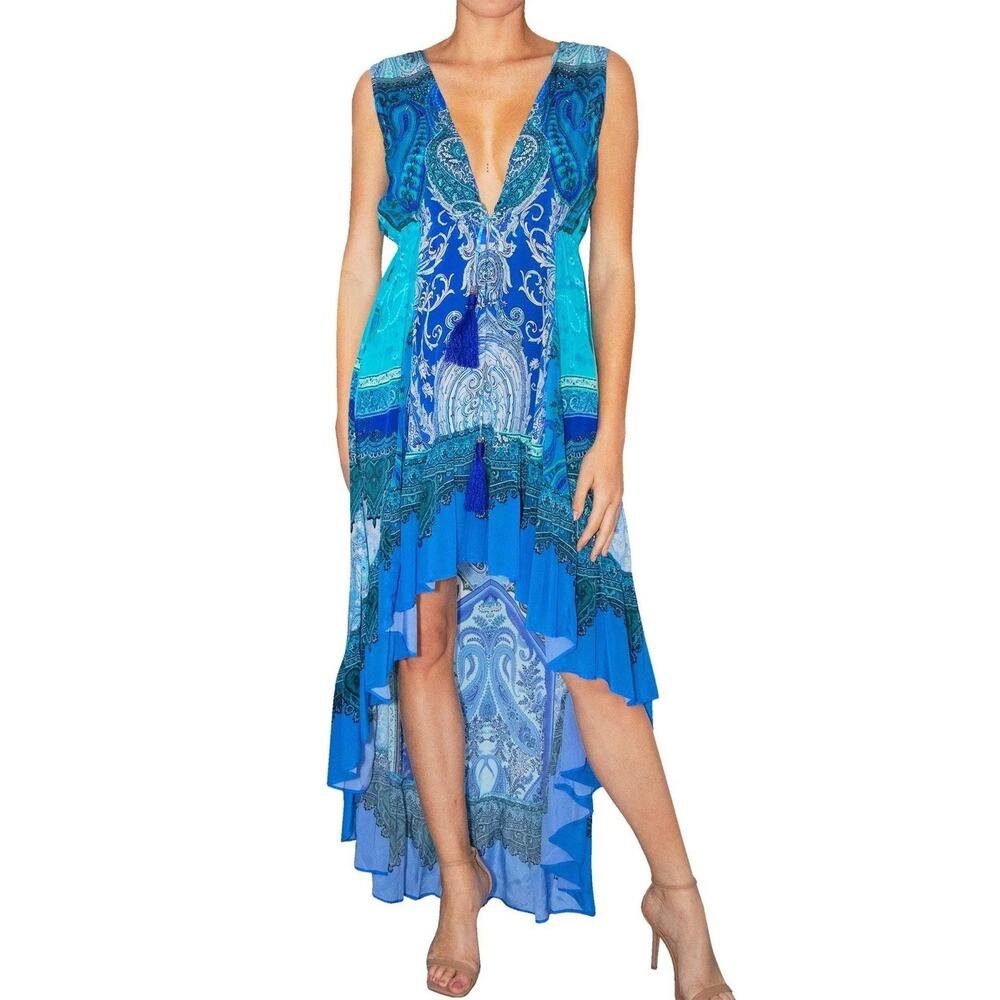 Shahida Parides Blue Paisley Viscose Silk Resort Rhinestone High Low Dress S/M